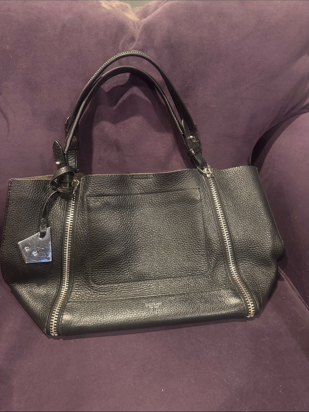 Botkier Black Pebbled Leather Shoulder Tote with Silver Zippers